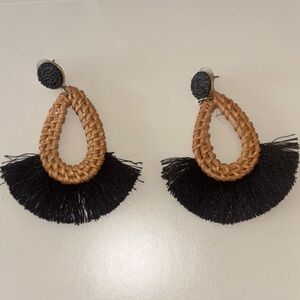 Bohemian Woven Teardrop Earrings Black Fringe boho tan brown rattan hippie